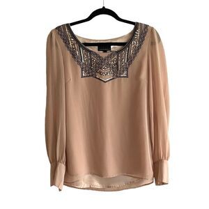 CYNTHIA ROWLEY Nude Embellished Blouse Embroidery Beading M